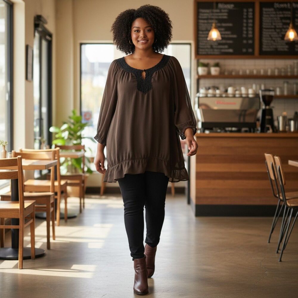 Liz & Me Platinum Brown Top Semi Sheer 3/4 Sleeve Ruffel Size 3X